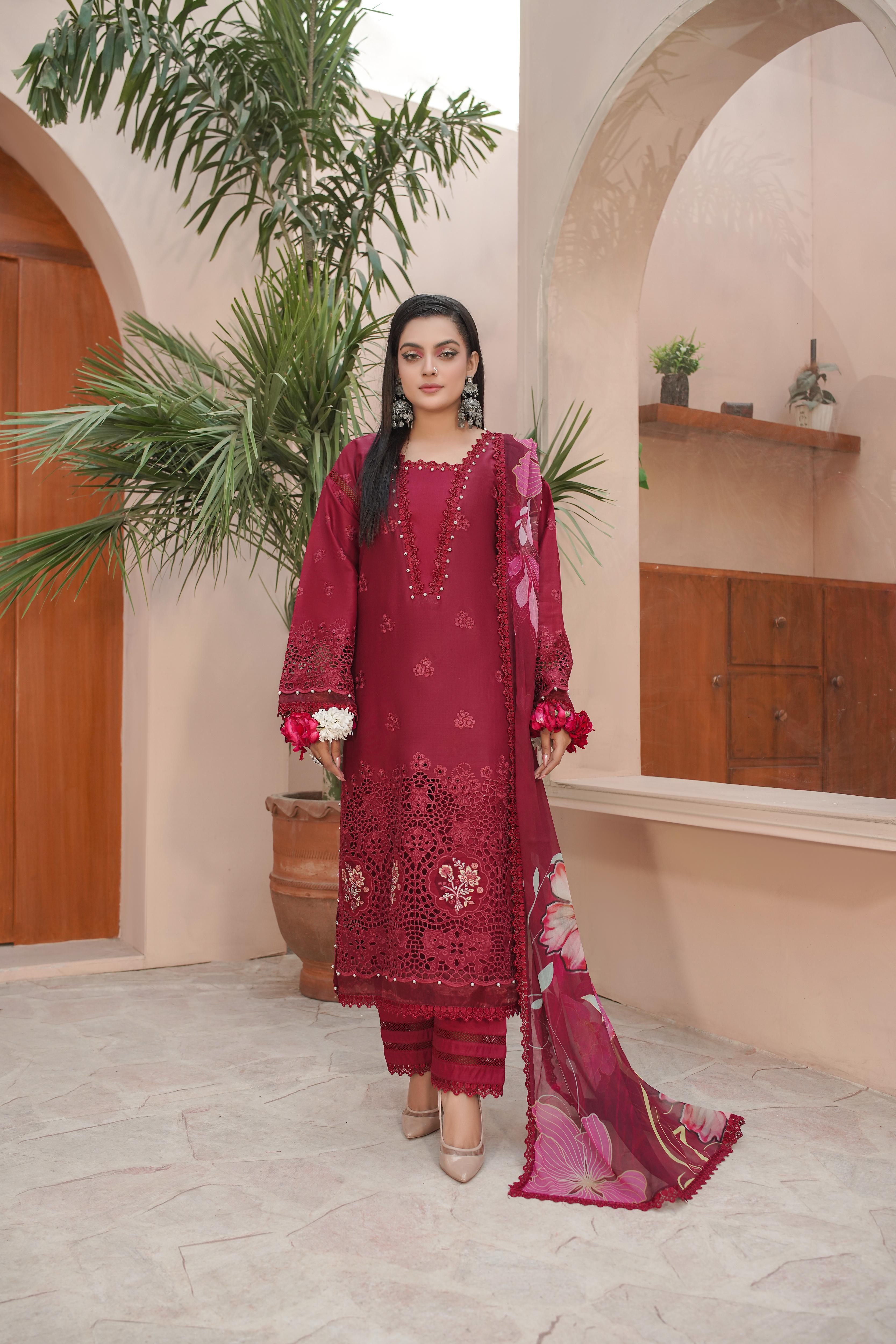 MAHOOR - Lawn 3 Piece Suit Deep Maroon