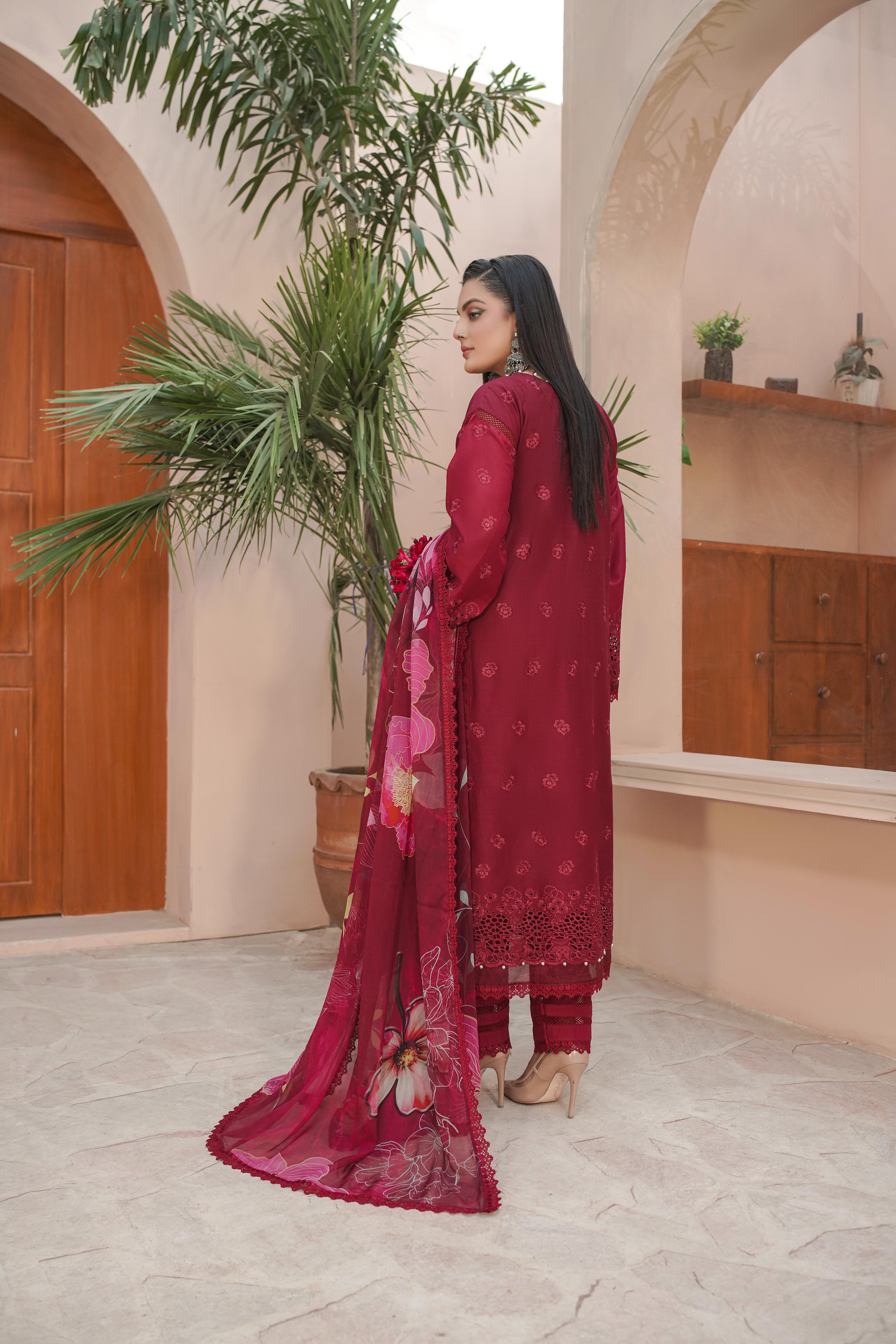 MAHOOR - Lawn 3 Piece Suit Deep Maroon