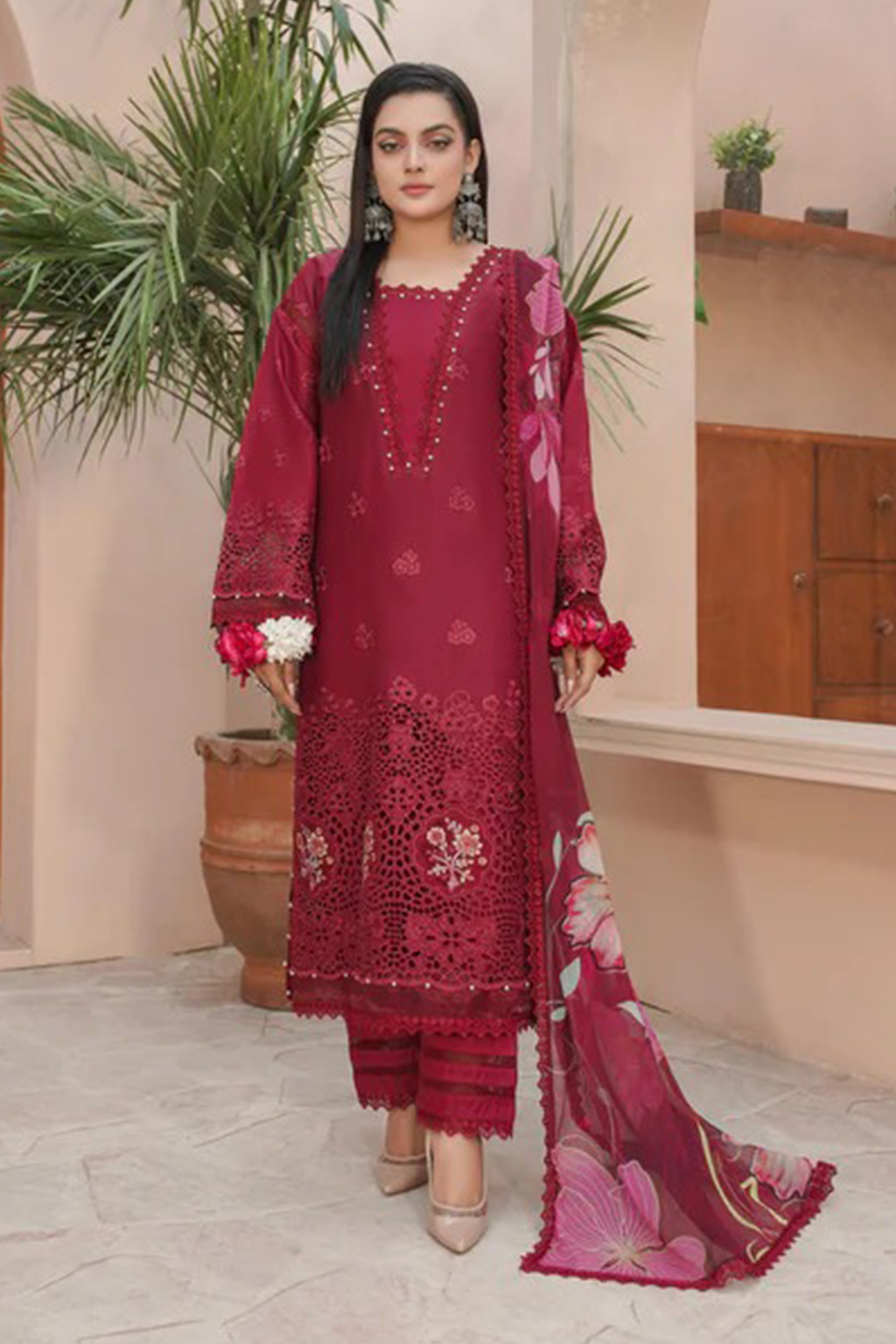 MAHOOR - Lawn 3 Piece Suit Deep Maroon